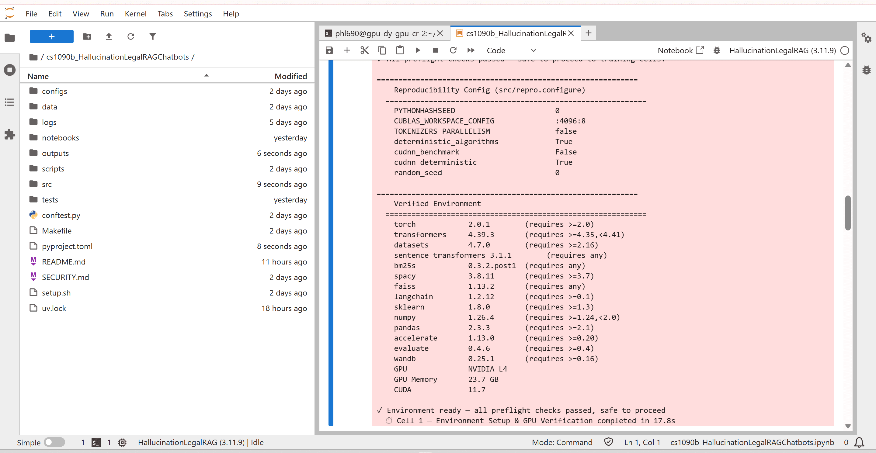 Jupyter Lab Cell 1 verified environment showing package versions and GPU info